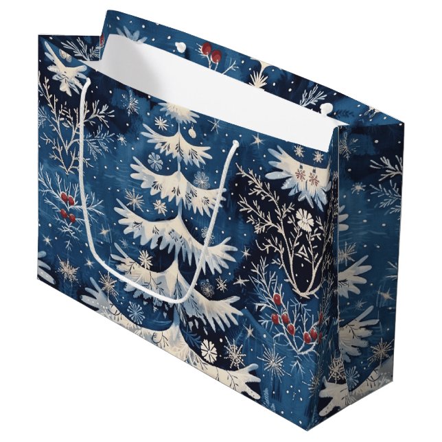 Blue White Christmas Tree Holiday Geschenktasche Große Geschenktüte (Vorderseite Schrägansicht)