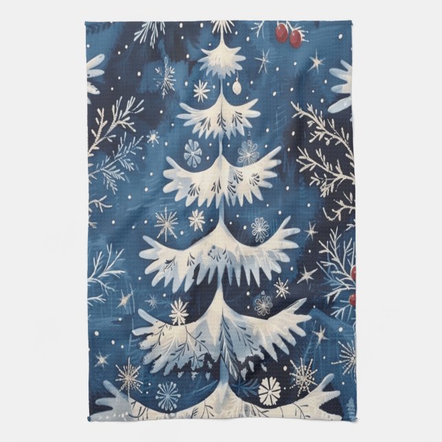 Blue White Christmas Tree Holiday Kitchen Handtuch (Vertikal)
