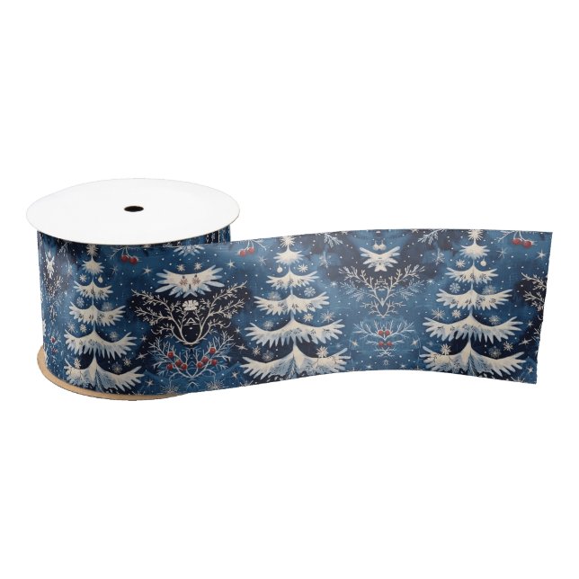 Blue White Christmas Tree Holiday Satin Ribbon Satinband (Spule)