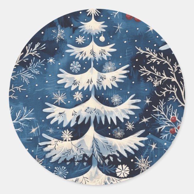 Blue White Christmas Tree Holiday Sticker (Vorderseite)
