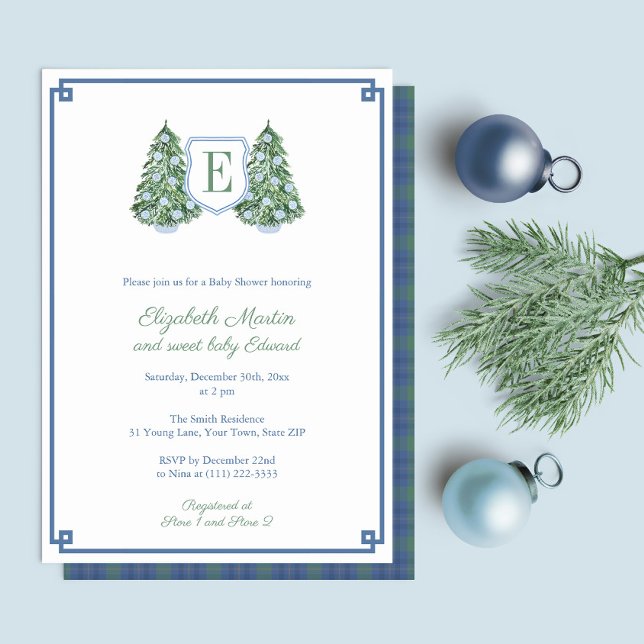 Blue White Christmas Tree Monogram Baby Shower Einladung (Preppy Blue And Green Christmas Baby Shower invitation with fir trees, blue white baubles & tartan)
