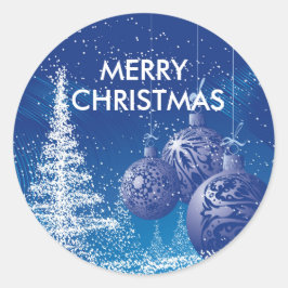 Blue & White Christmas Tree & Ornaments Runder Aufkleber