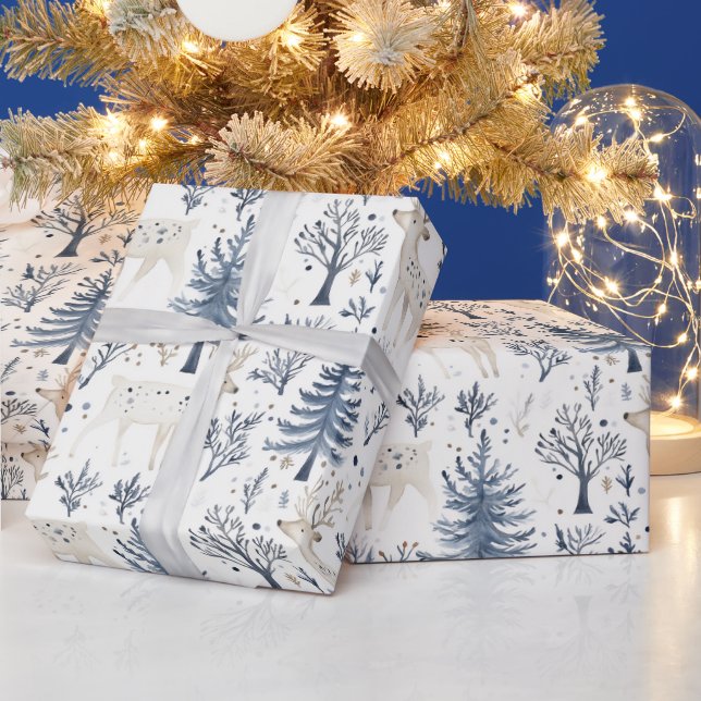 Blue White Christmas Trees Deer Geschenkpapier (Feiertage)