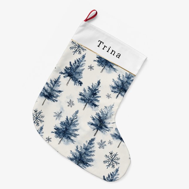 Blue White Christmas Trees Snowflakes Großer Weihnachtsstrumpf (Vorderansicht (hängend))