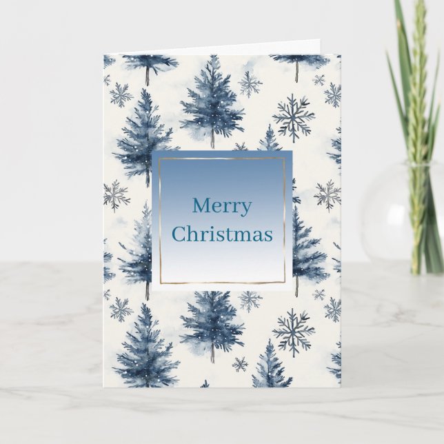 Blue White Christmas Trees Snowflakes	 Karte (Vorderseite)
