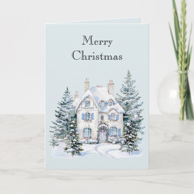 Blue White Christmas Winter House Trees Karte (Vorderseite)