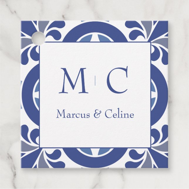 Blue & White Coastal Mediterrane Hochzeit Geschenkanhänger (Vorderseite)