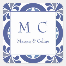 Blue & White Coastal Mediterrane Hochzeit Quadratischer Aufkleber