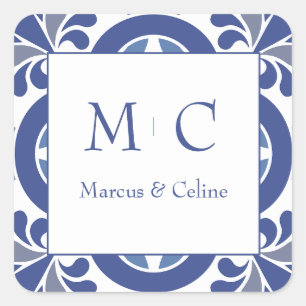 Blue & White Coastal Mediterrane Hochzeit Quadratischer Aufkleber