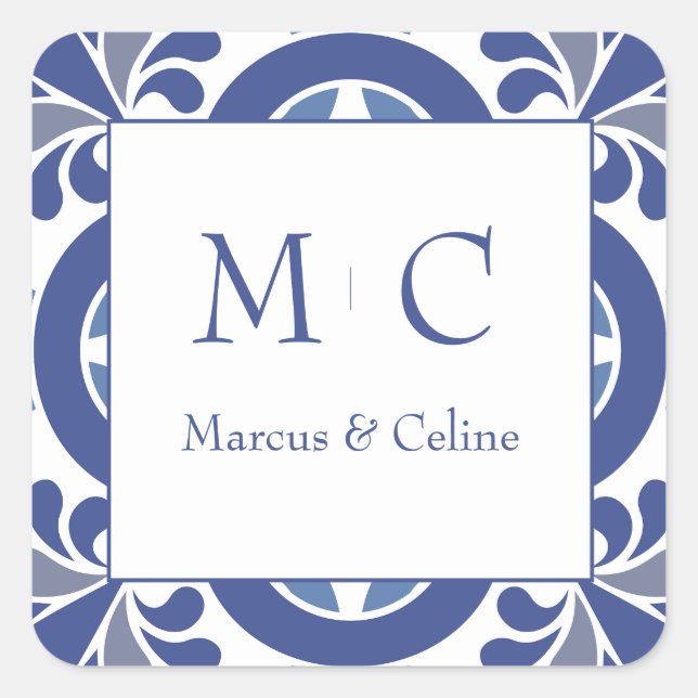 Blue & White Coastal Mediterrane Hochzeit Quadratischer Aufkleber (Vorderseite)