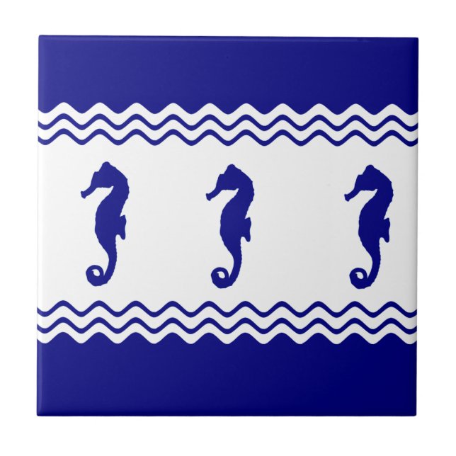 Blue White Coastal Seahorses Stripes Fliese (Vorderseite)
