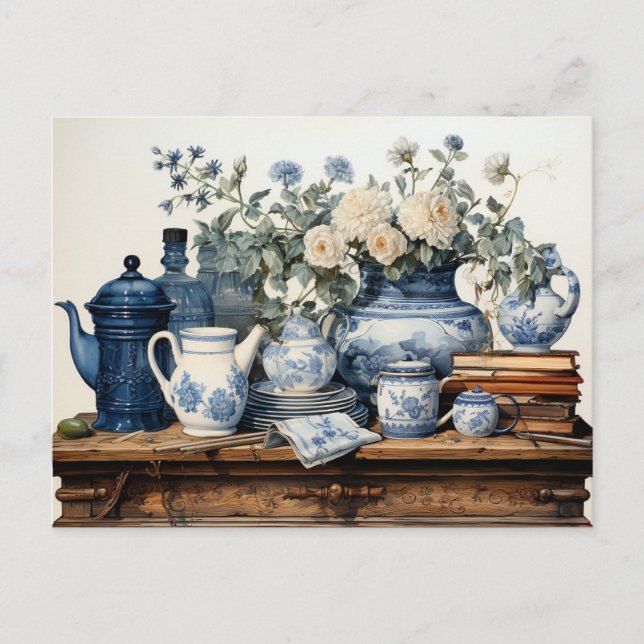 Blue White Coffee Pot Creamer Zucker Glas Jar Postkarte (Vorderseite)