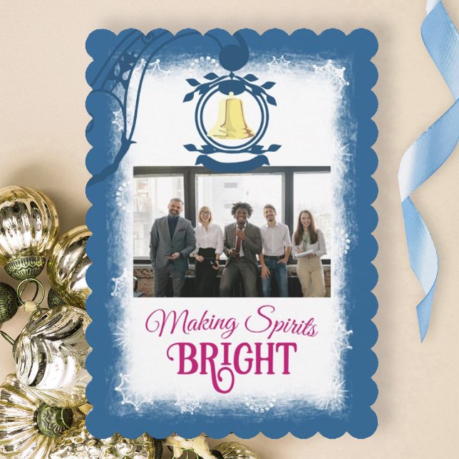 Blue, White Company Logo Weihnachten Foto (blue and white company Christmas card with gold bell and berry pink script text, photo greeting card)