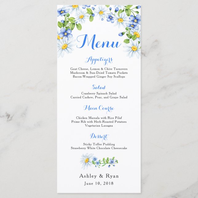 Blue White Country Daisy Floral Wedding Menu Menükarte (Vorderseite)
