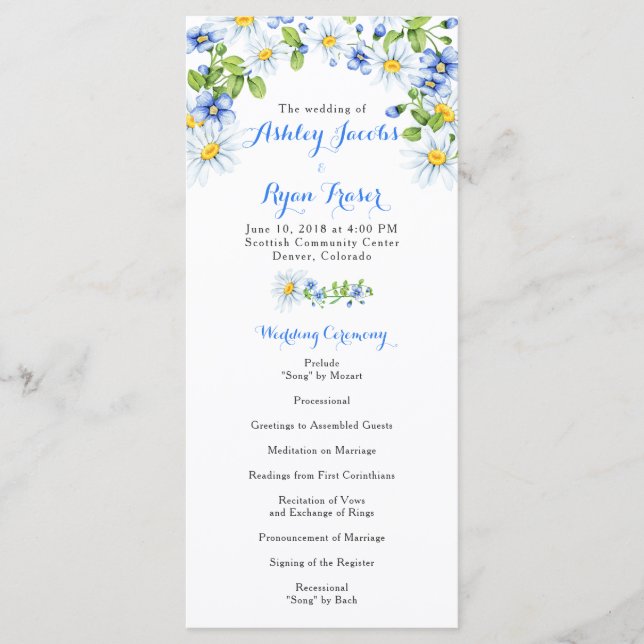Blue White Country Daisy Floral Wedding Program Programm (Vorderseite)