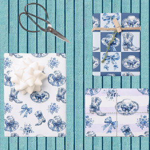 Blue White Cowgirl Toile Chinoiserie Bauernhof Geschenkpapier Set