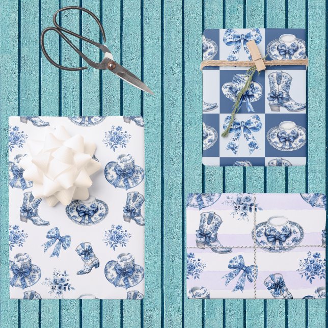 Blue White Cowgirl Toile Chinoiserie Bauernhof Geschenkpapier Set (Von Creator hochgeladen)