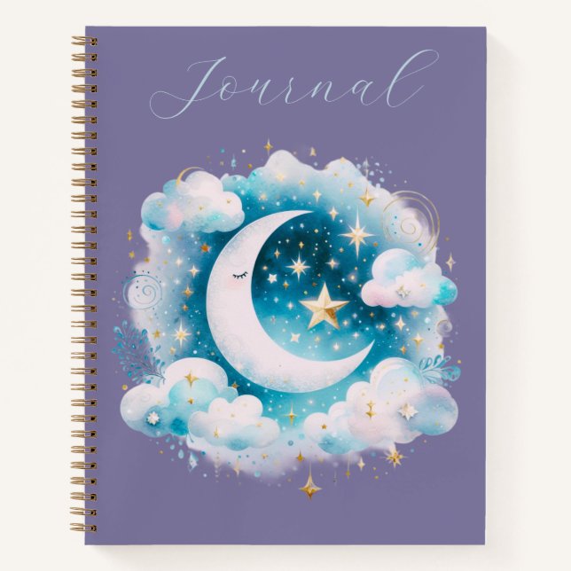 Blue & White Crescent Moon Celestial Boho Journal Notizbuch (Vorderseite)