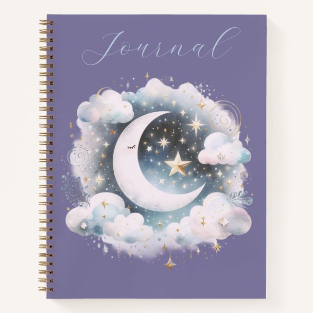 Blue & White Crescent Moon Celestial Boho Journal Notizbuch (Vorderseite)