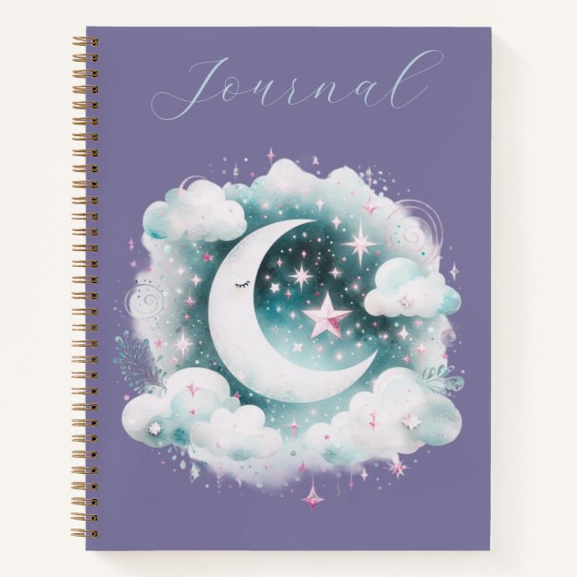 Blue & White Crescent Moon Celestial Boho Journal Notizbuch (Vorderseite)
