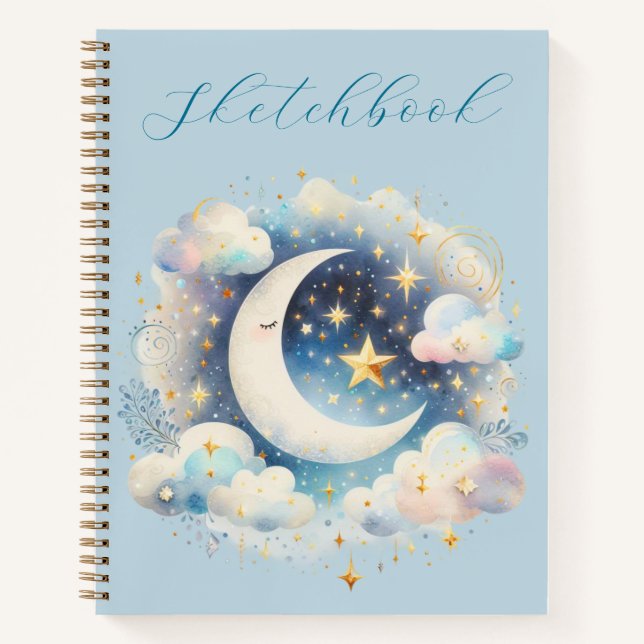 Blue White Crescent Moon Celestial Boho Sketchbook Notizbuch (Vorderseite)