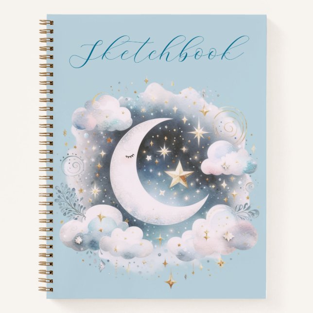 Blue White Crescent Moon Celestial Boho Sketchbook Notizbuch (Vorderseite)