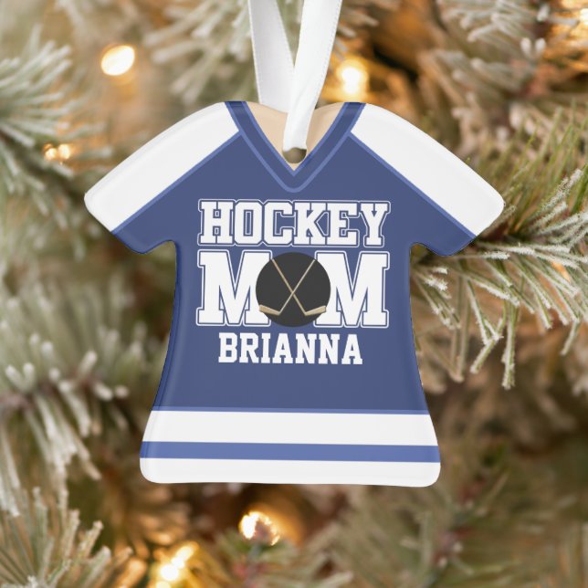 Blue/White Custom Hockey Mama Jersey Ornament (Baum)