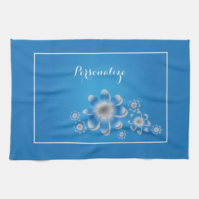Blue & White Daisies Moderne stilvolle personalize Geschirrtuch (Horizontal)