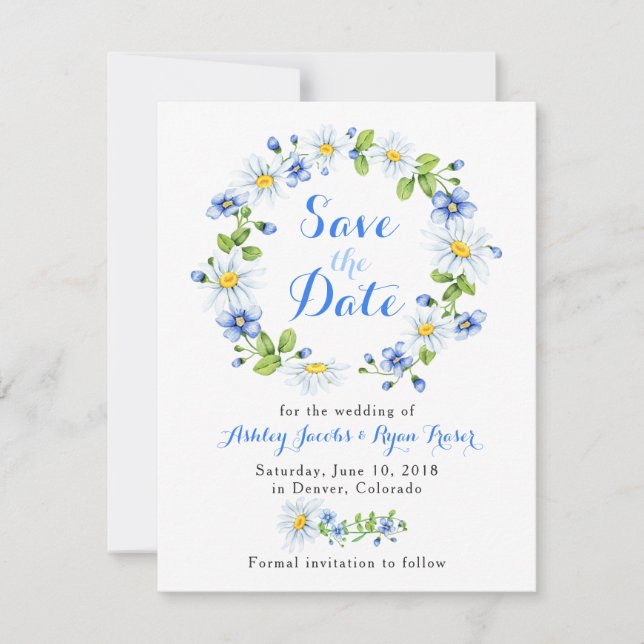Blue White Daisy Bloral Wedding Save the Date (Vorderseite)