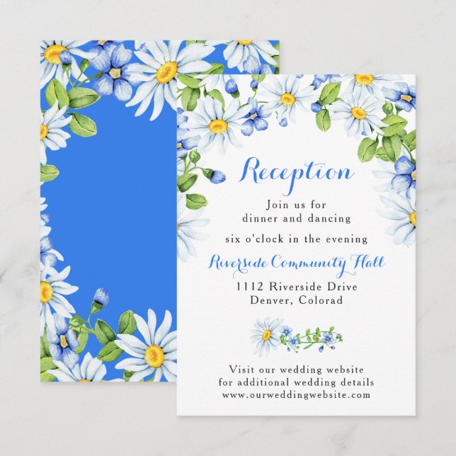 Blue White Daisy Floral Hochzeitsempfang Beilage Einladung (Vorne/Hinten)