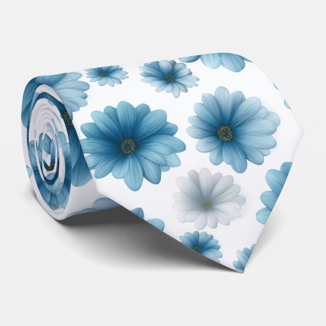 Blue White Daisy Floral Pattern Krawatte (Gerollt)