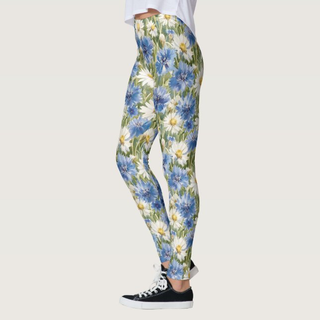 Blue White Daisy Flowers Leggings (Links)