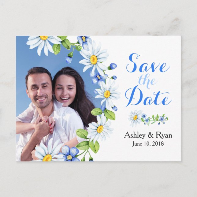 Blue White Daisy Foto Wedding Save the Date Ankündigungspostkarte (Vorderseite)