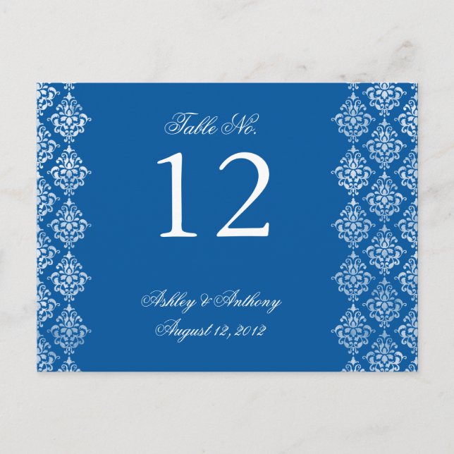 Blue White Damask Arabesque Tischnummer Card (Vorderseite)