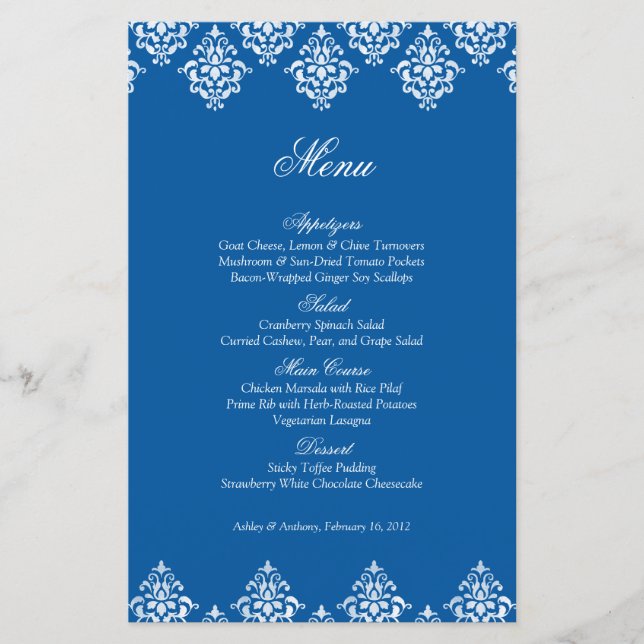 Blue White Damask Arabesque Wedding Menu Card (Vorderseite)