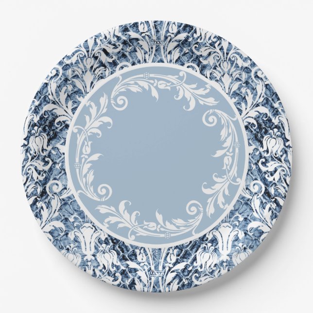 Blue White Damask Floral Wirbel Persönlich Pappteller (Vorderseite)