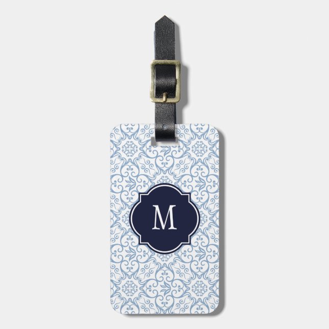 Blue & White Damask Monogram Gepäckanhänger (Vorderseite vertikal)