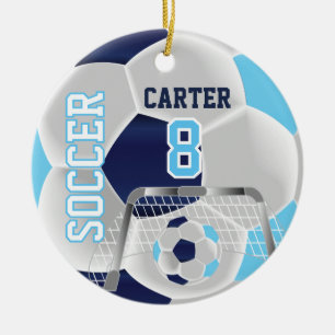 Blue, White & Dark Blue Personalize Soccer ⚽ Keramik Ornament