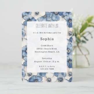 Blue White Denim Blume Geburtstag Einladung