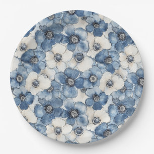 Blue White Denim Blume Geburtstag Pappteller