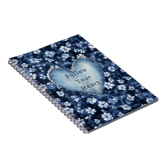 Blue White Denim Blume Herz Notizblock (Rechte Seite)