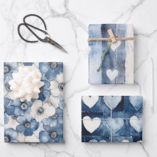Blue White Denim Blume hören Geburtstag Geschenkpapier Set