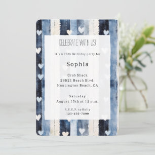 Blue White Denim Heart Stripes Birthday Einladung