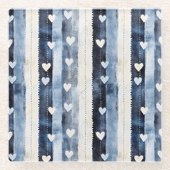 Blue White Denim Heart Stripes Birthday Glasuntersetzer (Vorderseite)