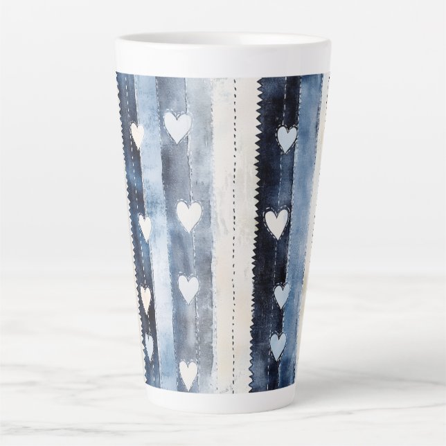 Blue White Denim Heart Stripes Birthday Milchtasse (Vorderseite)