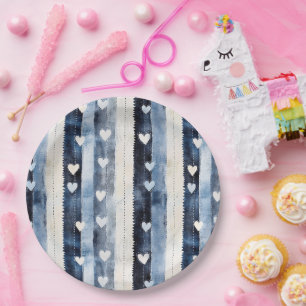 Blue White Denim Heart Stripes Birthday Pappteller