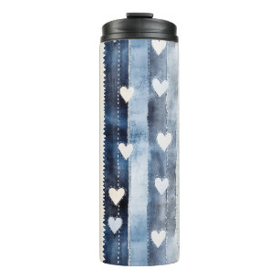 Blue White Denim Heart Stripes Birthday Thermosbecher