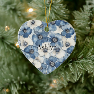 Blue White Denim Heart Stripes Blume Weihnachten Keramik Ornament