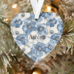 Blue White Denim Heart Stripes Blume Weihnachten Ornament