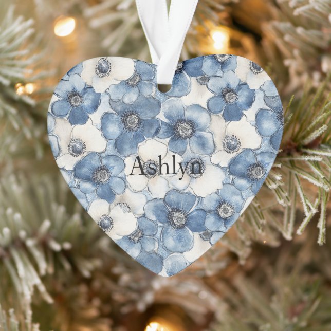 Blue White Denim Heart Stripes Blume Weihnachten Ornament (Baum)